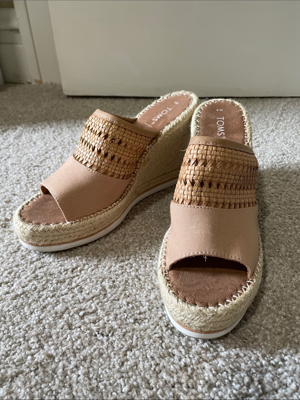 TOMS Tan Woven Espadrille Wedge Slide Sandals